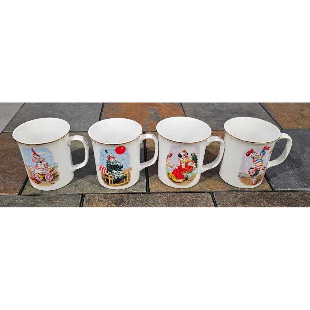 Set of‎ 4 Vintage (1984) Royal Manor Porcelain "The World of Clowns" Coffee Mugs